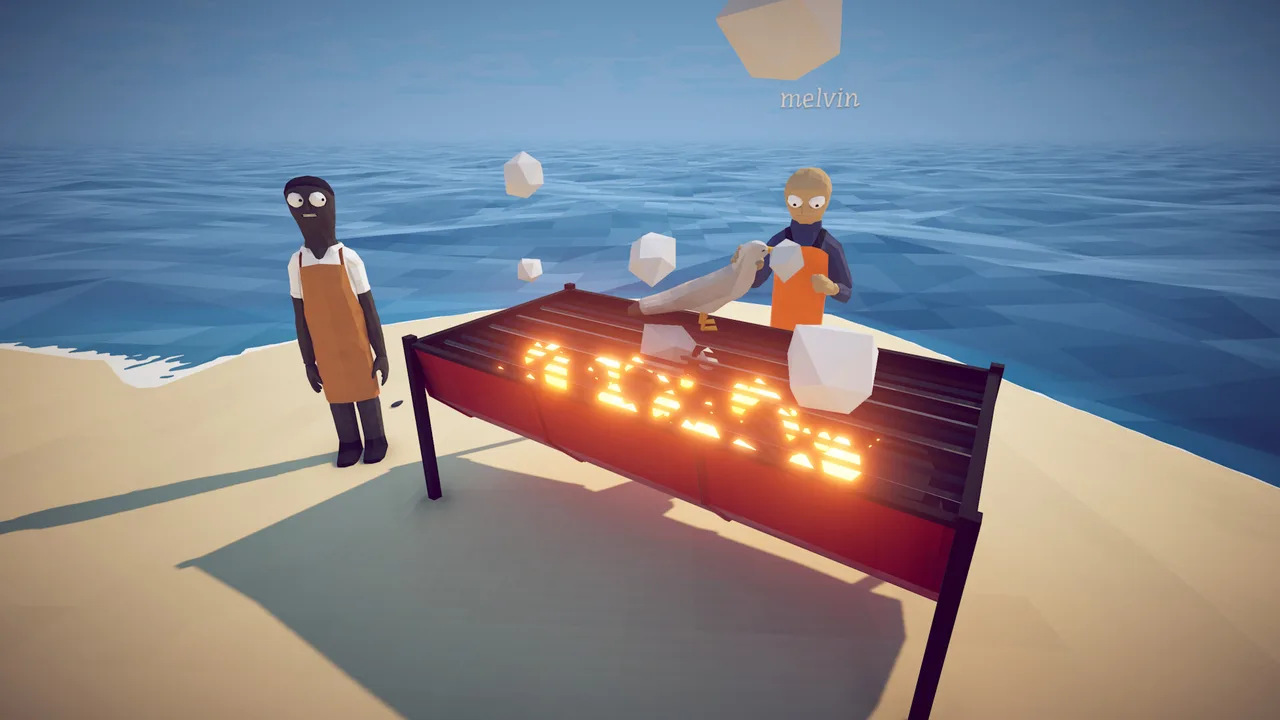 A flaming grill loaded with food on the island shore