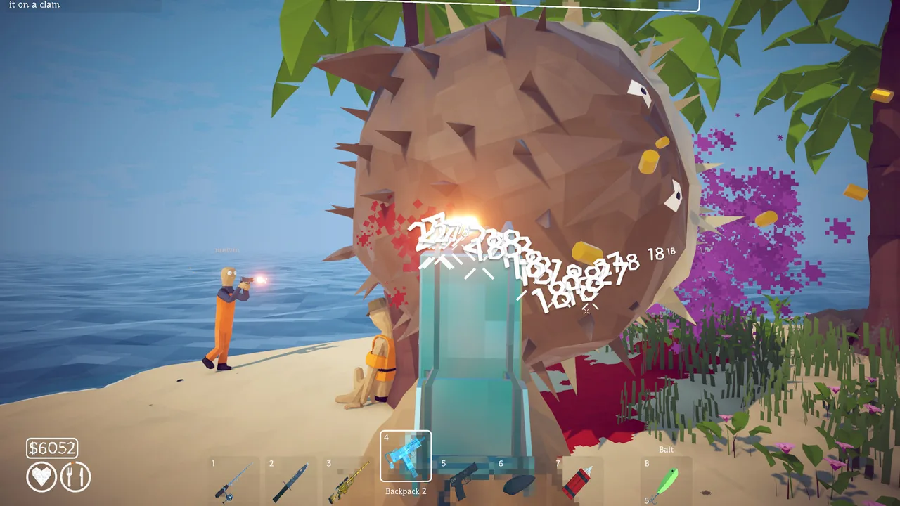 The pufferfish boss inflates on the Island 3 beach