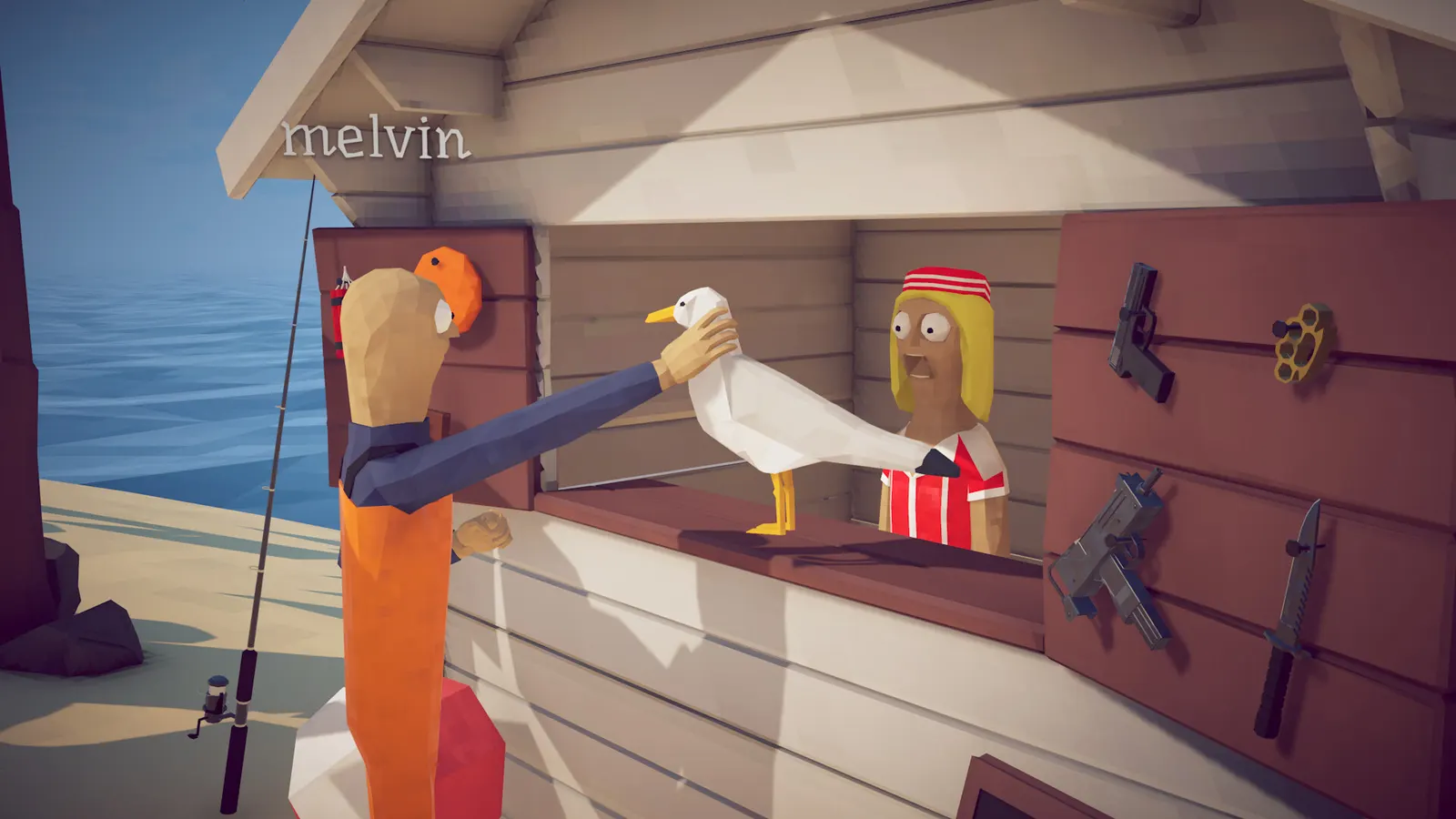 A player handing a caught seagull to the beach shop vendor